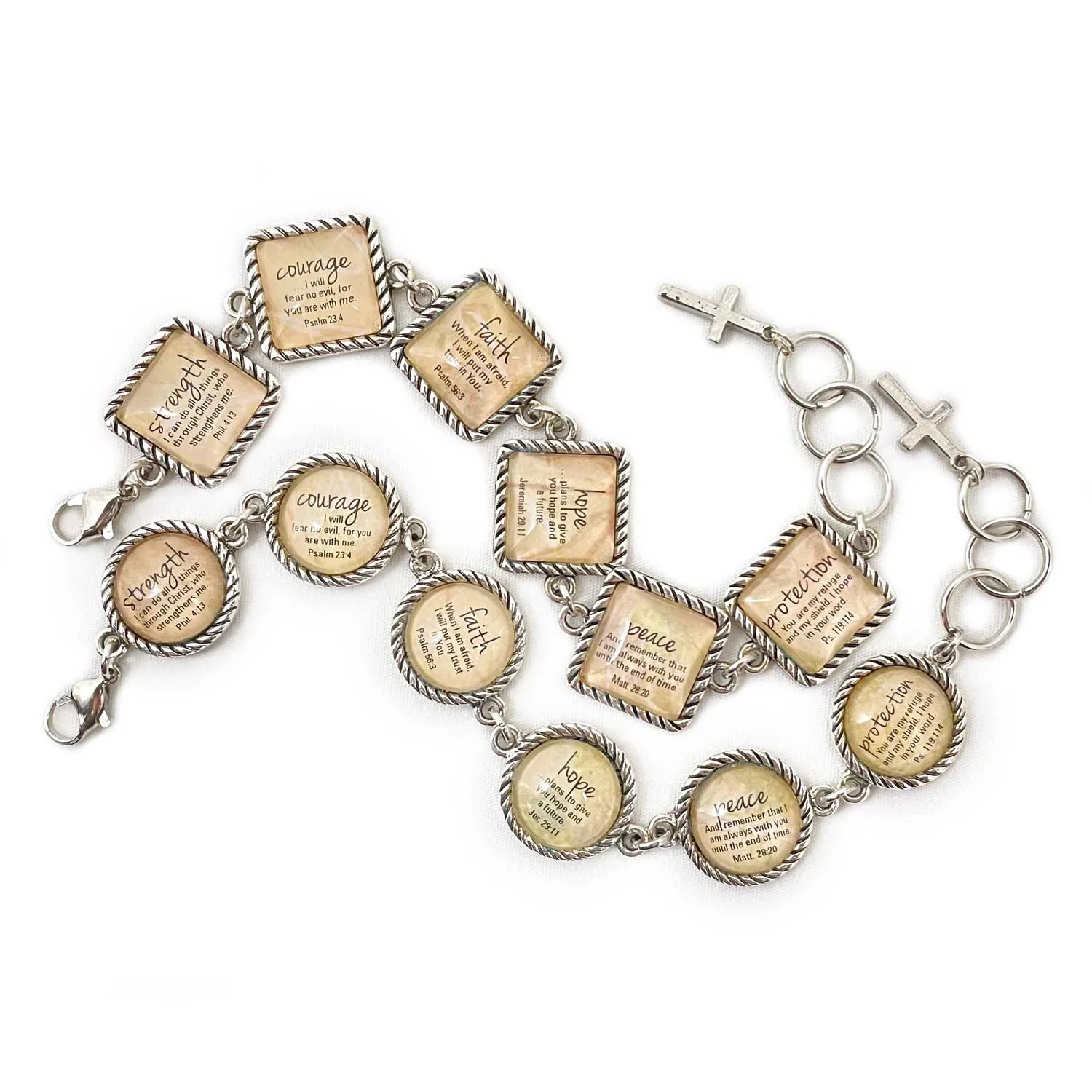 Words of Hope – Strength, Courage, Faith, Peace – Christian Scripture Glass Charm Bracelet – Square Antique Silver Twist Edge Design